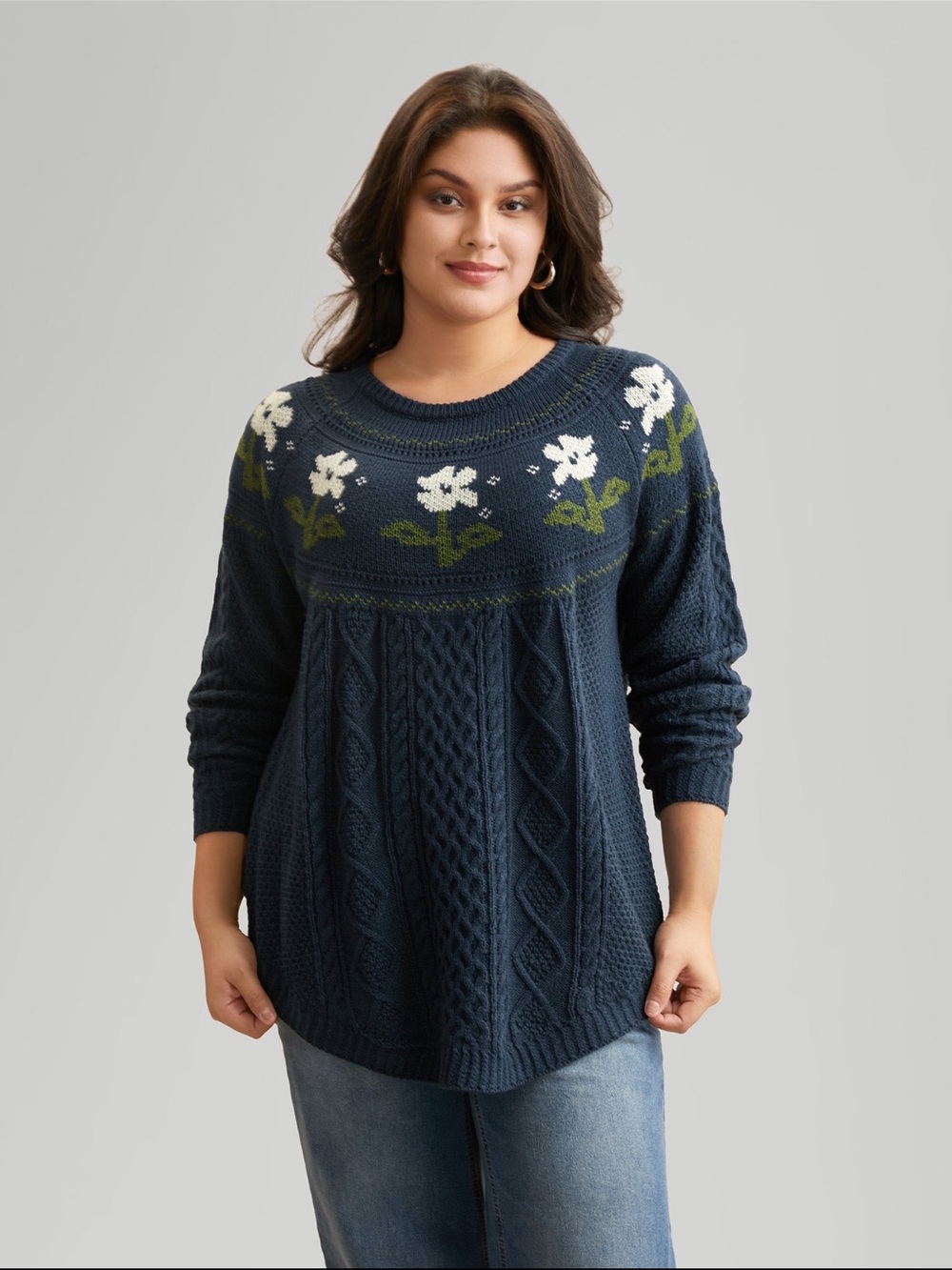 BloomChic Navy Cable Knit Crewneck Sweater with Cream & Green Floral Yoke